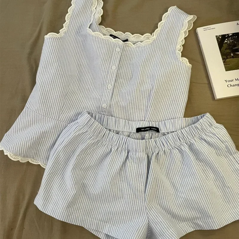 Gestreifte Frauen Pyjamas Sommer Nachtwäsche Ärmellose Shorts – Bild 2