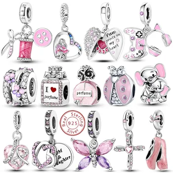 Rosa Charms 925 Sterling Silber Herz Schleife Parfüm Flasche Charms Perlen Anhänger Fit Armband DIY Frauen