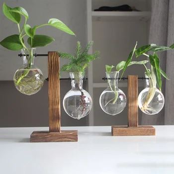 Kreative Glas Desktop Pflanzer Glühbirne Vase Holz Ständer Hydrokultur Anlage Container Hause Tabletop Decor