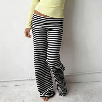 Lässige Damen-Pyjamahose, gestreift, niedrige Taille, Lounge-Hose, elastische Taille, Kordelzug, lange Hose