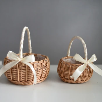 Handgewebter Hochzeits-Blumenkorb mit Griff, Korb aus Korbgeflecht für Kleinigkeiten