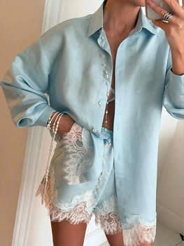 Strandhemden & Shorts Outfits für Damen: Revers, Einreiher, Lange Ärmel, Spitzen-Patchwork-Sets