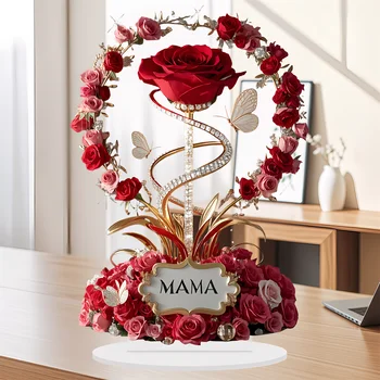 2D-Acryl-Ornament, rote Rose, Mutter-Muster, Rosen, Mutter, flach, elegant, Schreibtisch-Dekoration, festliche