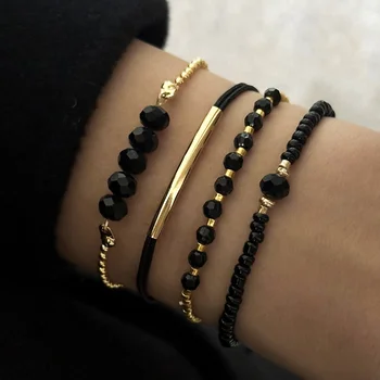 Mode Schwarz Glas Stein Armbänder Für Frauen Boho Handgemachten Schmuck Zubehör (4 Stück)