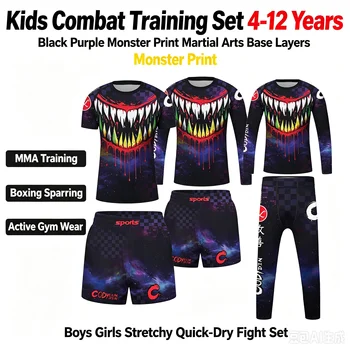 Kinder-Kampftrainingsset 4-12 Jahre Schwarz-Lila Monster-Print Kampfsport-Basisschichten MMA-Boxen