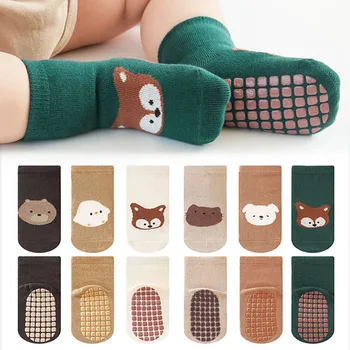 6 Paar rutschfeste Kindersocken mit niedlichem Cartoon-Fuchs- und Bärenmuster, für Kinder, Jungen und Mädchen