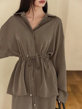 Elegantes zweiteiliges Loungewear-Set für Damen, langärmliges Hemd mit Kordelzug an der Taille + Hose