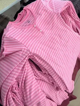 Rosa Gestreiften Dünnen Langarm T-shirts Frauen Frühling Casual Baumwolle Oansatz T-shirt Neue Tops Kleidung