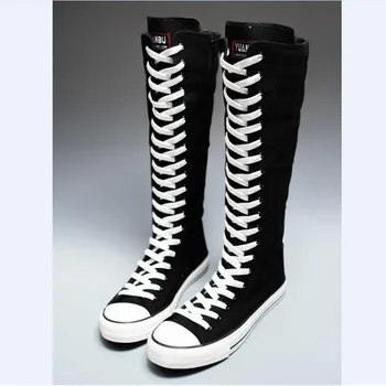 2025, neue High-Top-Leinwandschuhe für Damen, koreanische Ausgabe, langer Stiefel, Schnürung, Reißverschluss