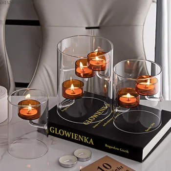 Europäischer zylindrischer Kerzenhalter aus Glas, brauner winddichter Kerzenhalter, Kerzenhalter