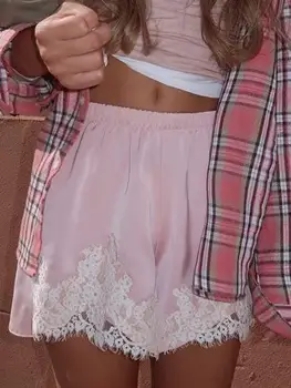 Süße Damen-Shorts aus Satin und Seide mit Spitzenbesatz, seidige Low-Rise-Boxershorts, Y2k-Teenager-Mädchen