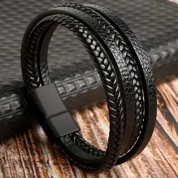 21 cm trendige Lederarmbänder für Herren, Edelstahl, mehrschichtig, geflochtenes Seil, Armbänder für Herren