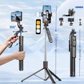 MEUYAG Selfie Stick-Stativ mit 1708 mm langem Einbeinstativ-Fülllicht, Bluetooth-Fernbedienung, 360 °