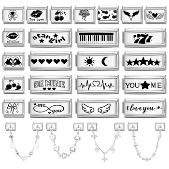 Lasergravur Klavier Herz Stern Flügel Nr. 7 Lippen Italienische Charm Links Passend für 9mm Armband Edelstahl