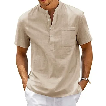 Baumwolle Leinen Hemd Männer Henley Neck Tasche Casual Strand Kurzarm Einfarbig Männlich Tops T-shirts Vintage