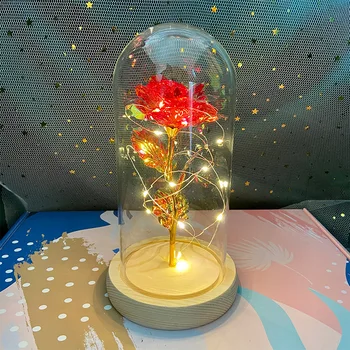 Führte Valentinstag Geschenk für Freundin ewige Rose Licht 24 Karat Goldfolie Blume in Glas abdeckung