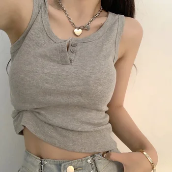 Tank-Top für Damen, gerippt, mit Knopfleiste, ärmellose Bluse, einfarbig, lässig, für Damen und Teenager