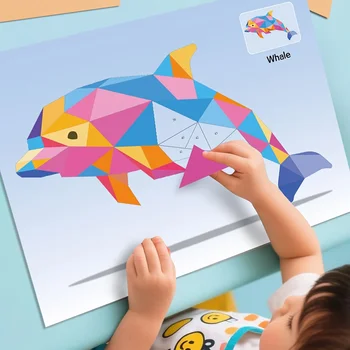 Handgefertigte Aufkleber für Tiere, kognitiv, 6 geometrische Collagen, Kinderpuzzle, verbessert das