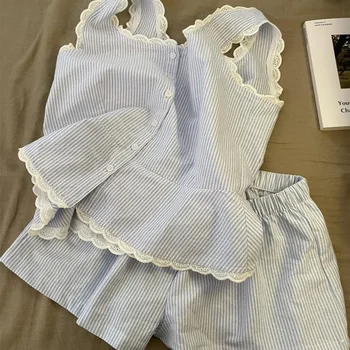 Gestreifte Frauen Pyjamas Sommer Nachtwäsche Ärmellose Shorts Sets 2 Stück Spitze Nacht Trägt Tank Koreanische