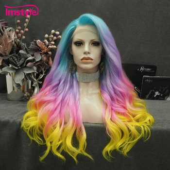 Imstyle Bunte synthetische Lace-Front-Perücke, blau, rosa, lila, gelb, Perücken für Frauen, natürlich gewellt